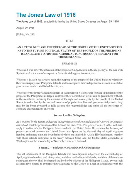 jones act 1916|Philippine Autonomy Act of 1916 (Jones Law of 1916).